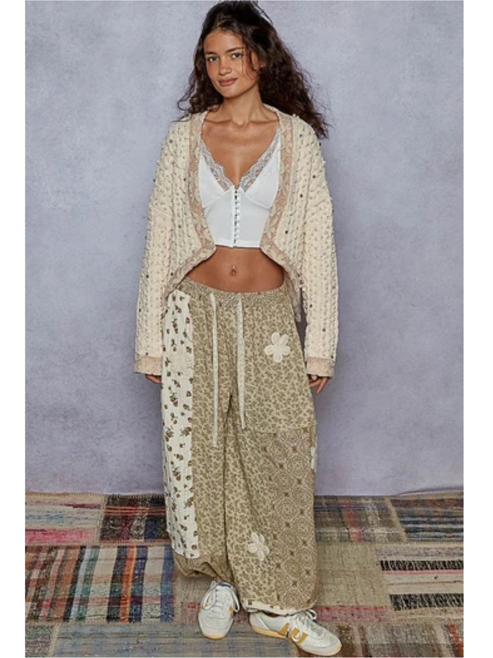 New: POL Boho Cream Beaded Chenille Crochet Knit Open-Front Lace Trim Cardigan•S - Picture 4 of 9